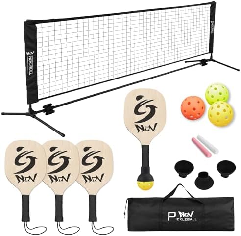 NQV Pickleball Set with Net,10FT Half Court Size Pickleball Net Portable Outdoor Indoor Driveway Home+4 Wood Paddles+4 Pickle Balls+4 Ball Retrievers, Pickleball Set for Adults Kids Beginners Pros